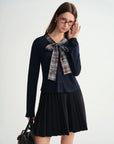 Women's Autumn/Winter Tartan Print Knit Coatigan with Tie Collar
