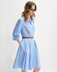Waist-Defined Pleated Shirt Dress in Blue and White Stripe