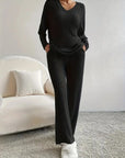 Women's Ribbed Knit Set - V-Neck Sweater & Pants