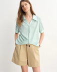 Short-Sleeved Pleated Top, Asymmetrical Hem