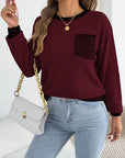 Chic Striped Color Block Knitted Top with Pockets - Lantern Sleeve Style