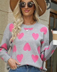 Mix Color Heart Knitted Jumper: Long Sleeve O-Neck Sweater for Women