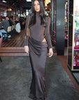 Elegant Patchwork Satin Evening Dress with Turtleneck & Zipper