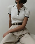 Contrast Patchwork Knit Top with Lapel Collar