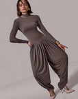 Slim-Fit Patchwork Jumpsuit with Draped Long Sleeves