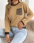 Chic Striped Color Block Knitted Top with Pockets - Lantern Sleeve Style