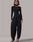 Slim-Fit Patchwork Jumpsuit with Draped Long Sleeves