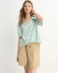 Short-Sleeved Pleated Top, Asymmetrical Hem