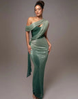 Sparkling One-Shoulder Draped Corset Maxi Dress