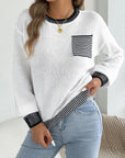 Chic Striped Color Block Knitted Top with Pockets - Lantern Sleeve Style