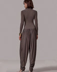 Slim-Fit Patchwork Jumpsuit with Draped Long Sleeves