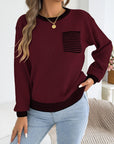 Chic Striped Color Block Knitted Top with Pockets - Lantern Sleeve Style