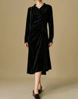 Elegant Black Velvet Long Dress with Polo Neck