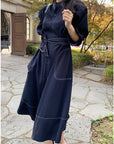 Casual-Chic Stand Collar Straight Dress with Tie Sash