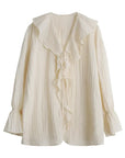 V-Neck Lace-Up Blouse with Ruffled Edges and Loose Fit