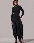 Slim-Fit Patchwork Jumpsuit with Draped Long Sleeves