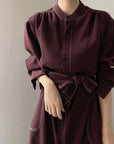 Casual-Chic Stand Collar Straight Dress with Tie Sash