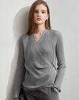Women's V-Neck Knitted Sweater with Shell Buckle Detail