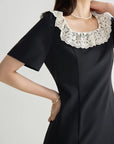 Elegant Lace-Detail Short Sleeve Long Dress in Classic Black