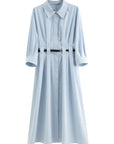 Autumn Vertical Stripe Pleated Shirt Dress with Belt