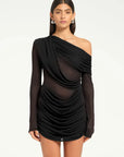 Black one-shoulder dress with sheer panels on a white background