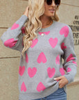 Mix Color Heart Knitted Jumper: Long Sleeve O-Neck Sweater for Women