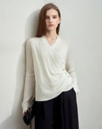 Women's V-Neck Knitted Sweater with Shell Buckle Detail