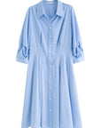 Waist-Defined Pleated Shirt Dress in Blue and White Stripe