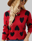 Mix Color Heart Knitted Jumper: Long Sleeve O-Neck Sweater for Women