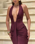 Halter Deep V-Neck Ruched Club Dress