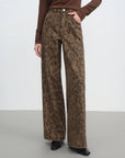 Person wearing leopard print pants on a plain background