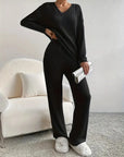 Women's Ribbed Knit Set - V-Neck Sweater & Pants