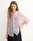 Plus Size Striped Sheer/Perspective Long-Sleeve Blouse